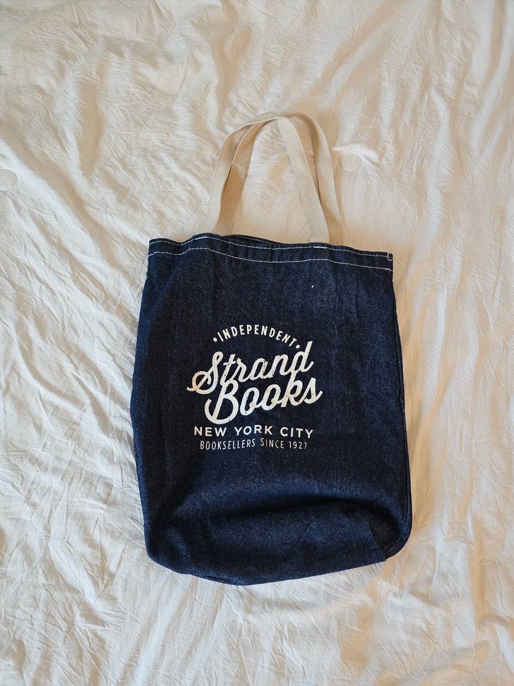 Strand Bookstore Navy Canvas Tote Bag with Cream Handles